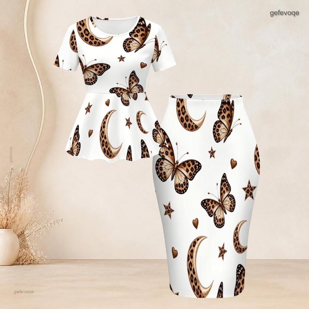 Women Plus Size 2 Piece Outfit Round Neck Short Sleeve Peacock Print Peplum Top Pencil Skirt White