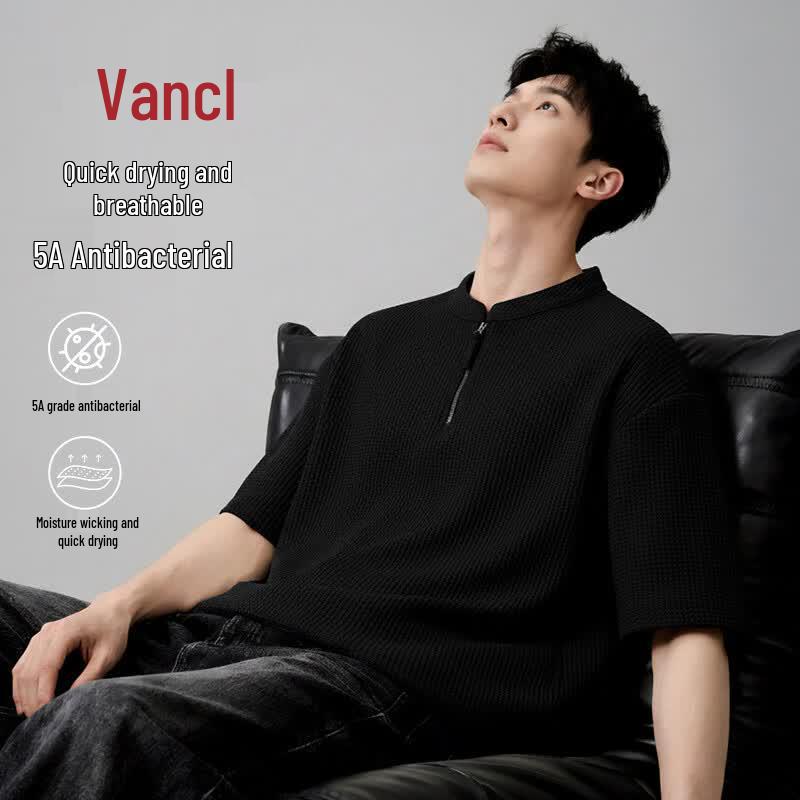 VANCL Men's Loose Fit Half-Zip Quick Dry Anti-bacterial Short Sleeve T-Shirt