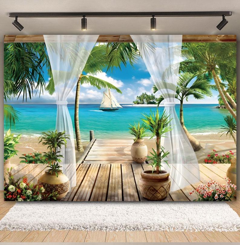 Tropischer Strand Hintergrund für Fotografie Sommer Hawaii Blaues Ozeanwasser Meeresufer Palme Kinder Feiertagsparty Foto Hintergrund Dekoration
