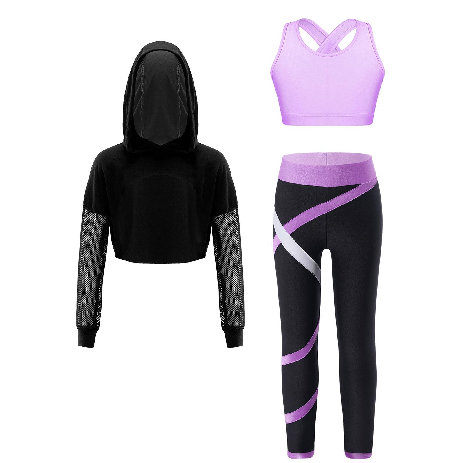 

Girls 3-Piece Workout Set Hooded Long Sleeve Top Sleeveless Crop Top with Leggings Sports Wear 13-14 Years лавандовий