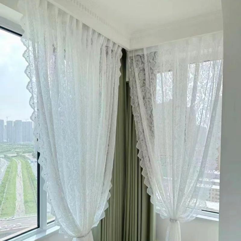 Vintage Lace Curtains  Romantic Semi Sheer Floral Lacy Curtain for Living Room, Elegant Window Drapes for Bedroom with Pearls