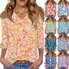 Women's Casual 3/4 Sleeve Tops V-Neck Sleeve T-Shirt Floral Print Tops