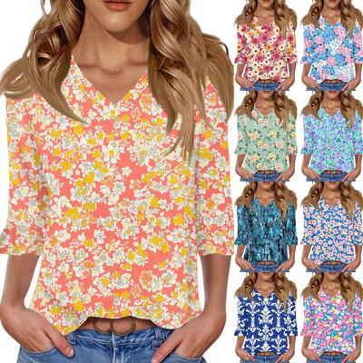 Damen Casual 3/4 Ärmel Oberteile V-Ausschnitt Ärmel T-Shirt Blumenmuster Oberteile