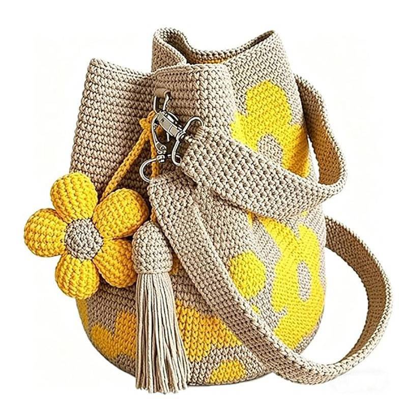 Handmade Crochet Flower Tote Bag With Pu Material For Gift Giving And Casual Use
