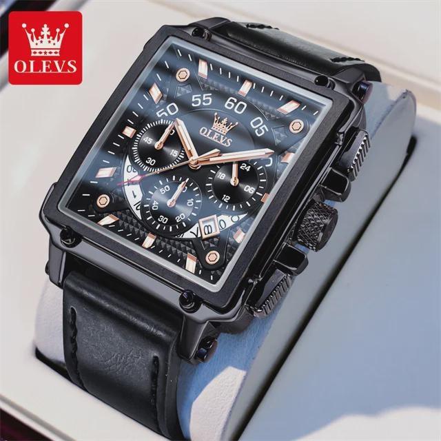 Top Brand Luxury Mens Watches Fashion Blue Square Quartz Watch for Men Sport Leather Strap Chronograph Wristwatches