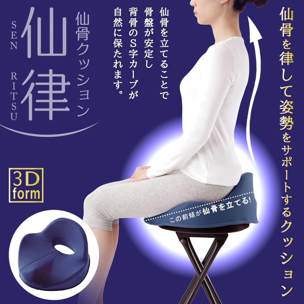 Alphax Posture Support Cushion, Seat Cushion, Chair, Sacrum Cushion, Senritsu, Navy