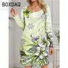 Women Long Sleeve O-Neck Mini Dress Vintage Elegant A-Line Dress 3D Ice Flower Pattern Casual Dress Vestidos De Mujer