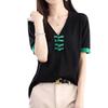 Women's Spring Summer Chinese Style V-neck Knit Short Sleeve Top Casual T-shirt