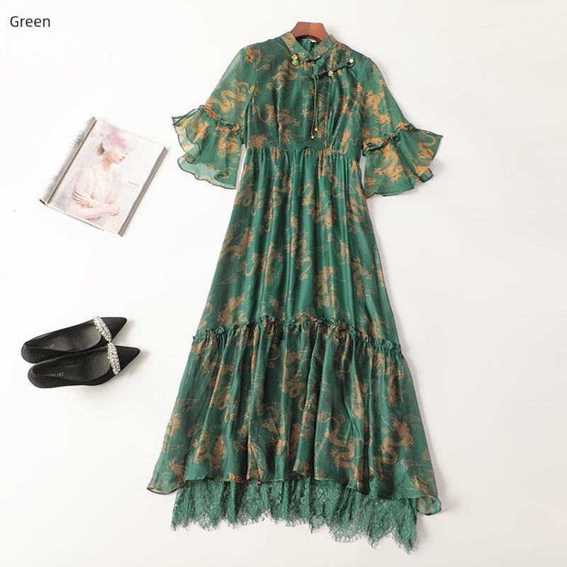 

410887 Summer Dress South Oil Tail Goods Cut Label 2025 Early Amoi Women s Clothing Extended Five-Quarter Sleeve Stand Collar Green 2XL