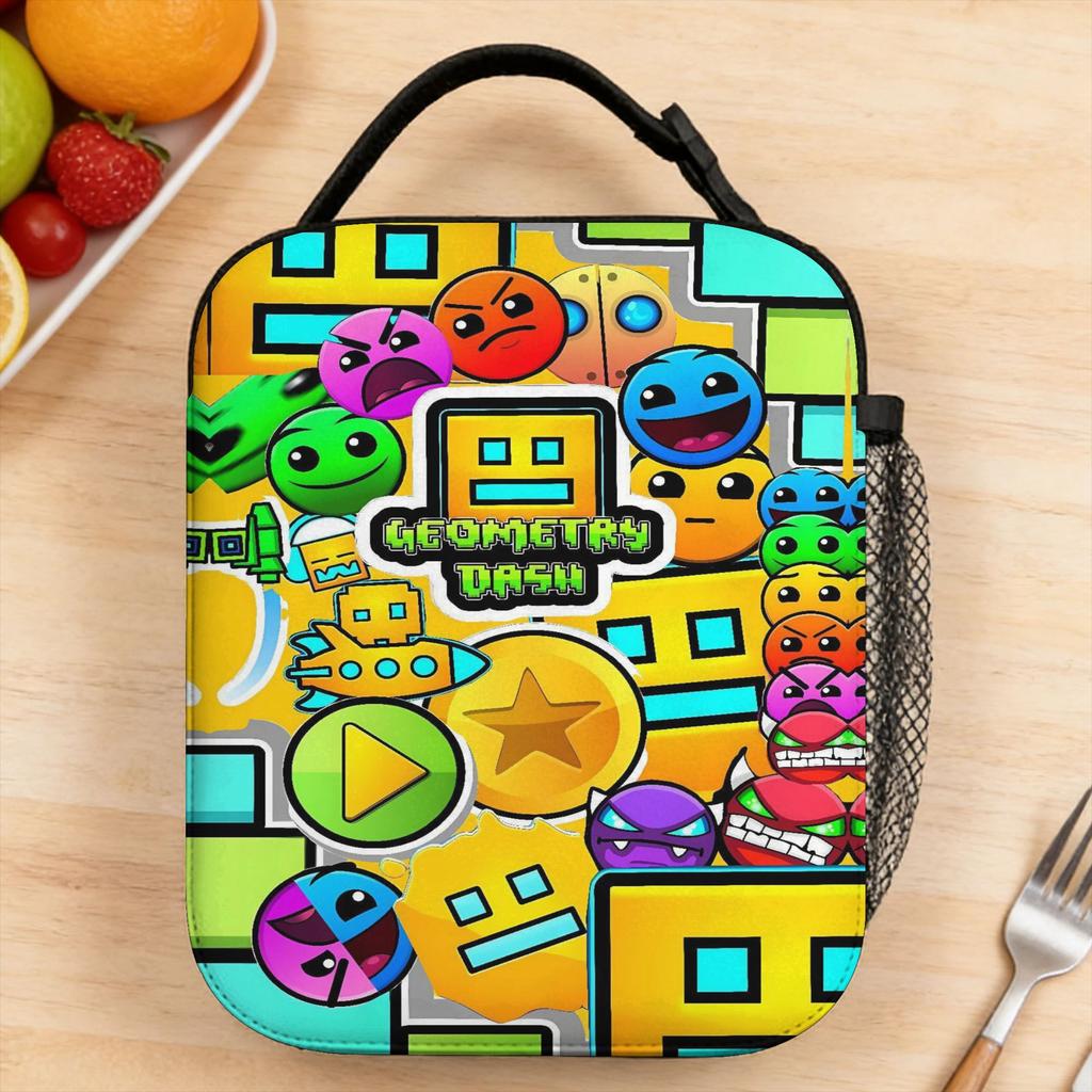 Lunch Bag Geometry Dash Game Music Cute Geometric Office Lunch Box For Women Fashion Portable Print Tote Food Bags