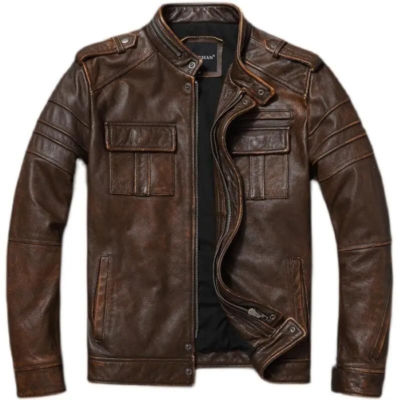 Chinesische Größe Lässige Lederjacke Herren Echtes Rindsleder Retro Vintage Lederjacken Herrenjacken Chaqueta De Cuero Para Hombre Casacos