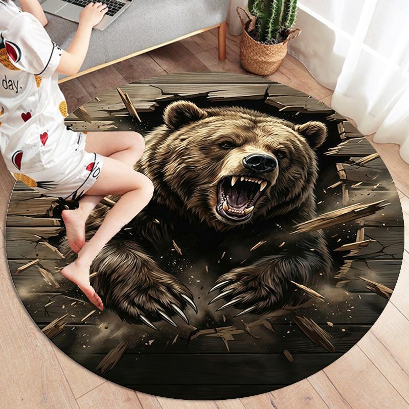 Racing Speed Bear Roar Round Area Rug,Carpet Rug for Living Room Bedroom Sofa Playroom Decor,Non-slip Floor Mat