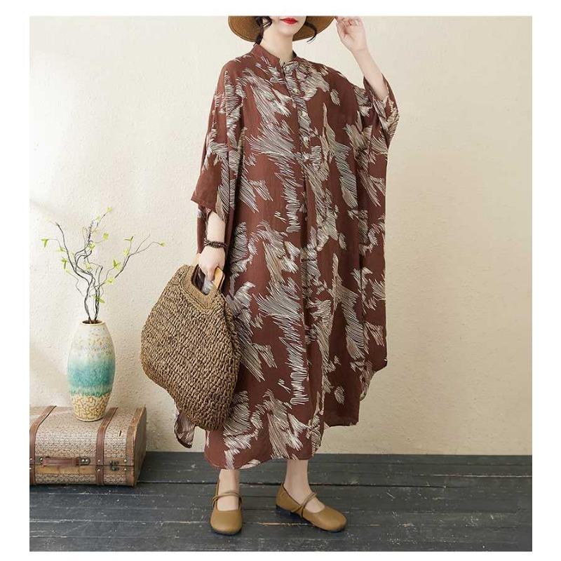 Temperament Literary Vintage Printed Stand Collar Loose Oversized Vacation Dresses
