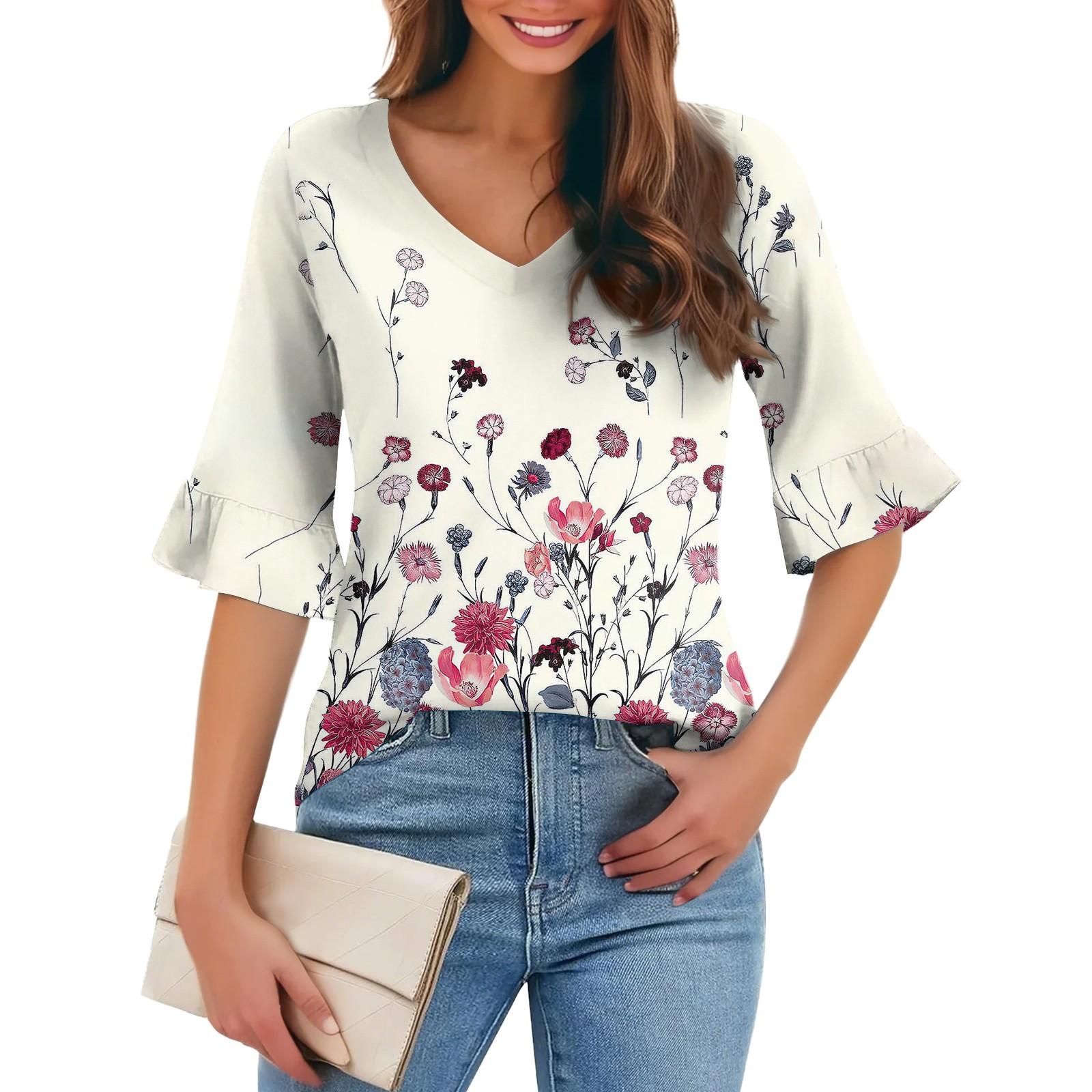 

Женская повседневная модная футболка с V-образным вырезом, свободная, для поездок на работу, с цветочным принтом и рукавами-пятью точками XXXL