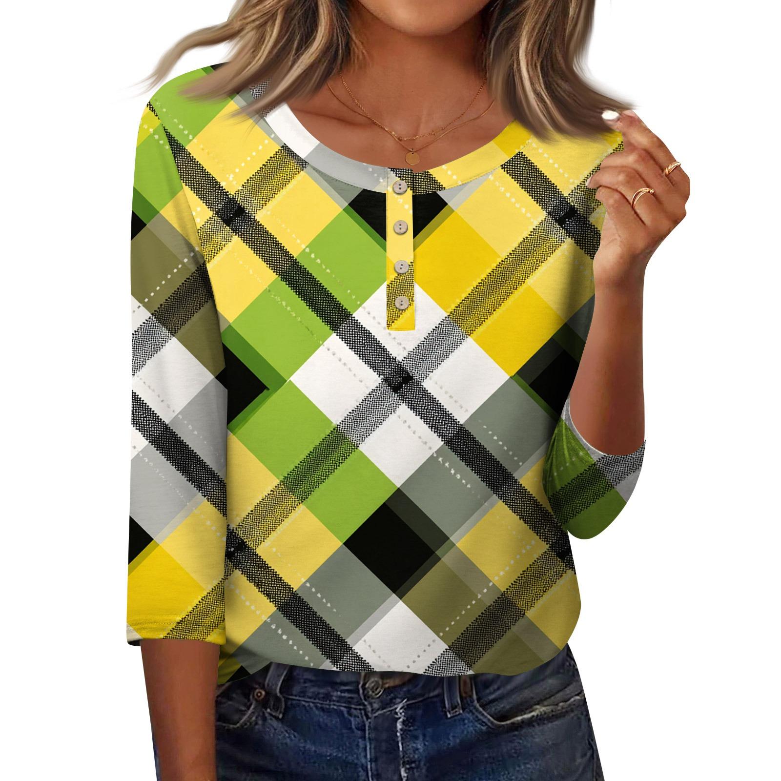 

Рубашки с рукавом 3/4 для женщин Рубашка на пуговицах Топ для женщин Половина застежки на пуговицах Принт Графическая блузка XL жёлтый