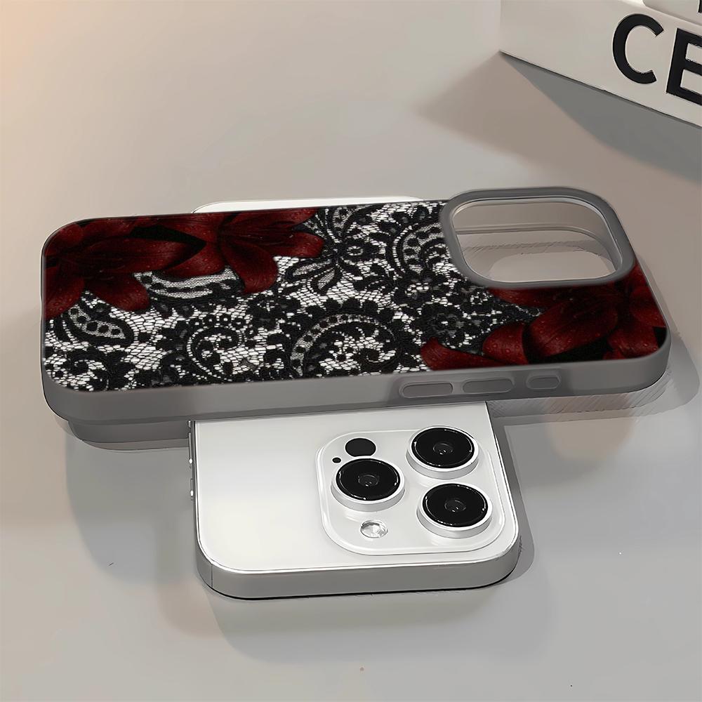 Lace Red Flower Phone Case For iPhone 17 Air 16 14 15 Pro Plus 13 12 11 Pro Max 16e XR XS Shockproof Silicone Phone Cover Fundas