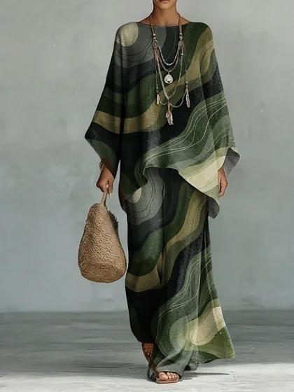 Clothing 1116 Summer New Two-piece Set 1D Printed Bat Sleeve Top Wide Leg Pants Fashion Versatile Suit Women