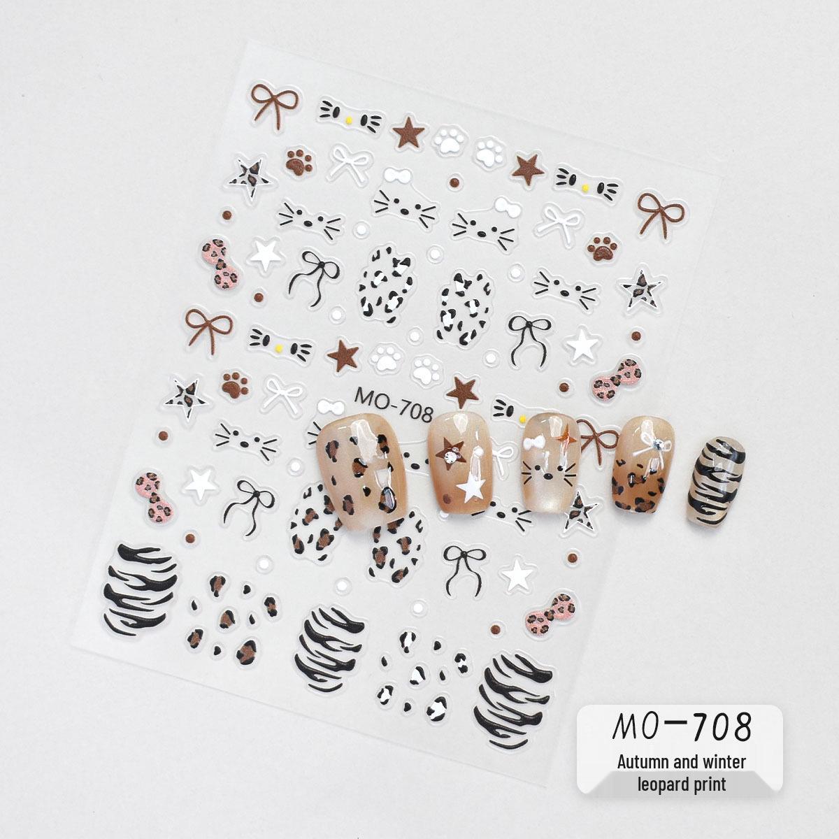 

3D Leopard & Zebra Print Cat Nail Stickers for Autumn/Winter - Stars & Bows DIY Design