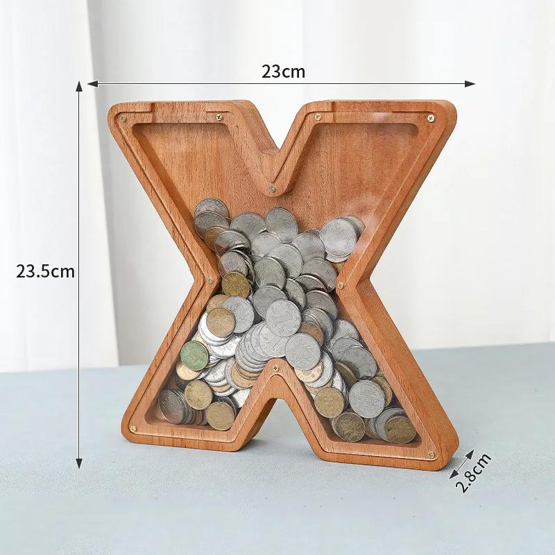 23cm Large Size Twenty-six Letter Piggy Bank Wooden Coin Money Saving Box Jar Coin Storage Box Desktop Ornament Home Decor Craft