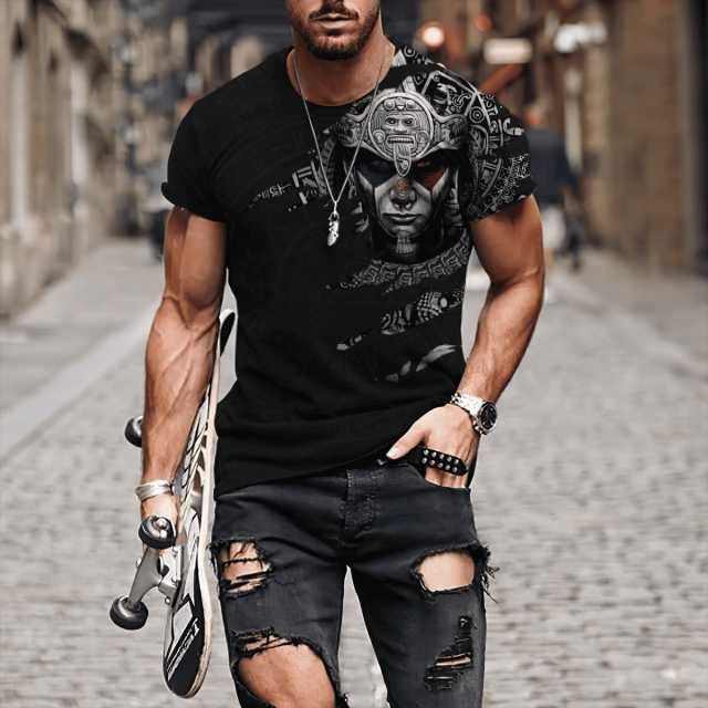 Summer Round Neck 3D Aztec Inspired Pattern Print Top Fashionable Casual Short Sleeved Men's T-shirts