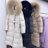 Womens Long Down Coat Over Knee Slim Fit Hooded With Real Fox Fur Collar Thick Warm White Duck