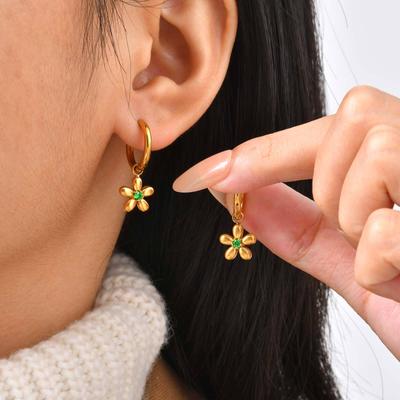Vintage Luxury Zircon Flower Charms Huggies Hoop Earrings,18k Gold Plated Stainless Steel Earrings, Christmas Gift for Her