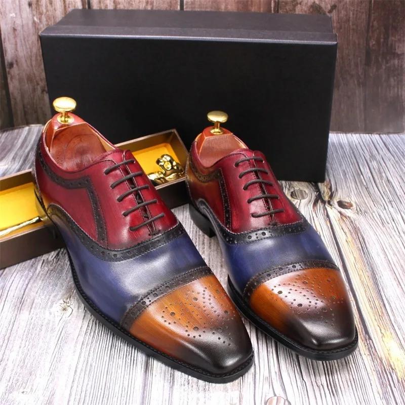 2024 Luxury Brogue Handmade Mens Dress Shoes Calf Leather Cap Toe Oxford Colorblock Lace Up Wedding Party Formal Shoes for Men