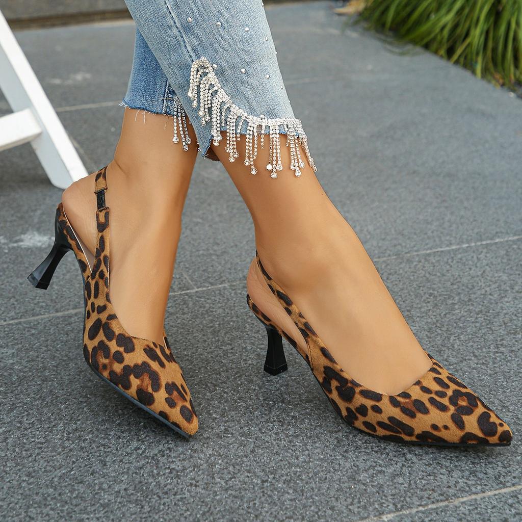 Fashion leopard print sandals pointed stiletto sandals women's 2025 spring and summer new shallow mouth bag head empty sandals