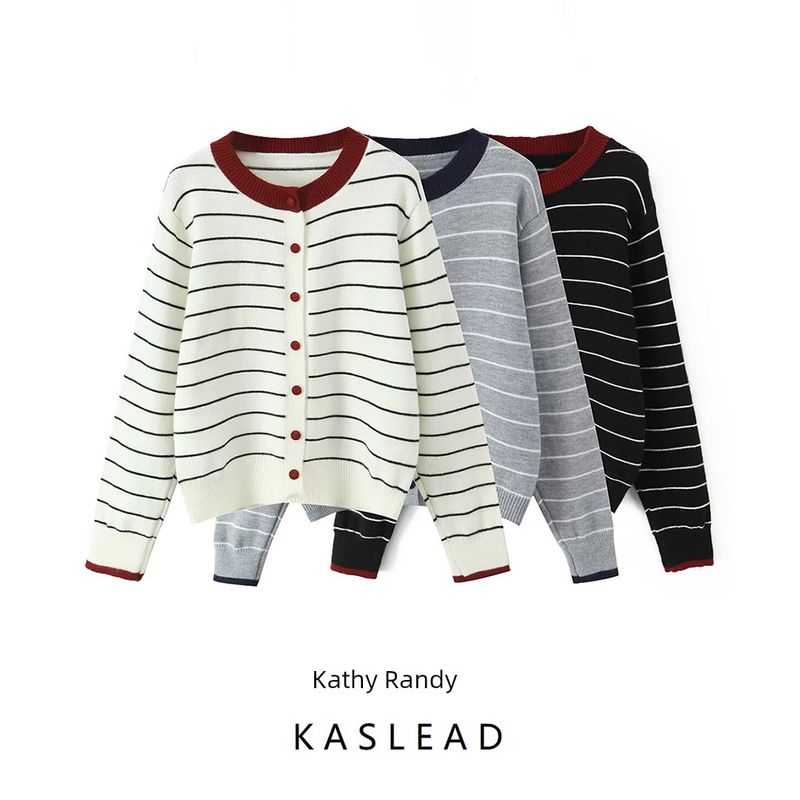 Kaslead New Women Clothes Western Style All-Match Fashion Stripe Round Neck Long Sleeve Sweater Cardigan
