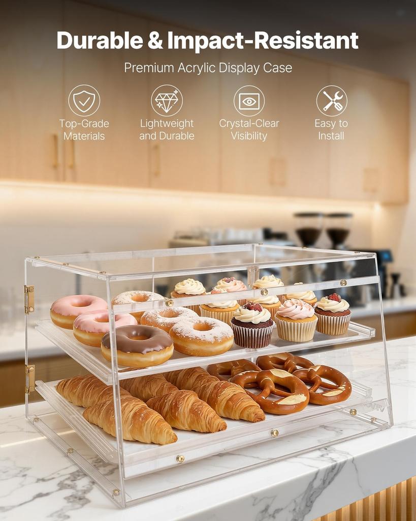 Bakery Display Case, 2-Tier Commercial Countertop Pastry Display Case, Clear Acrylic Bread Box for Kitchen, Party Cake Cabinet with Magnetic Rear Door