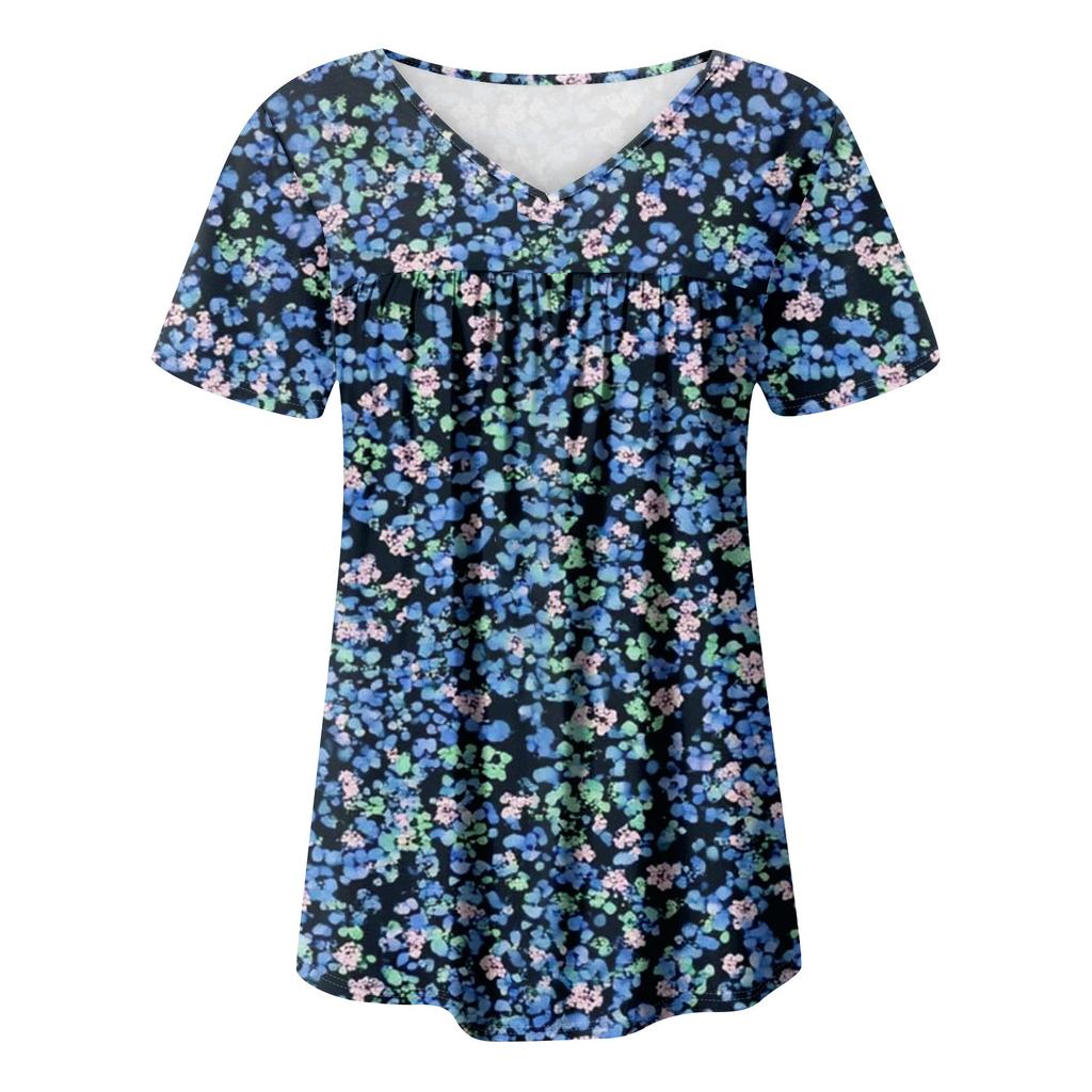 Women's Casual V-Neck Short Sleeve Chest Ruffle Printed Top