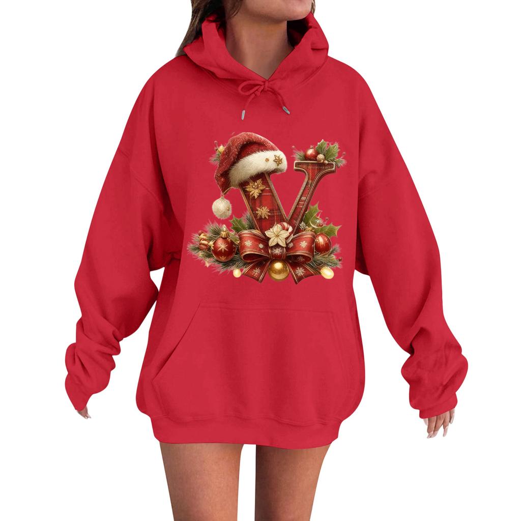 Women's Casual Comfortable Long-Sleeved Christmas Letter-Printed Warm Hooded Crew-Neck Sweatshirt