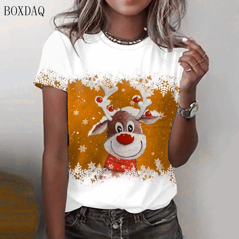 Short Sleeve Christmas Deer Pattern Women Street T-Shirts Oversized O-Neck 3d Printed Christmas Festival Ladies Casual Tops