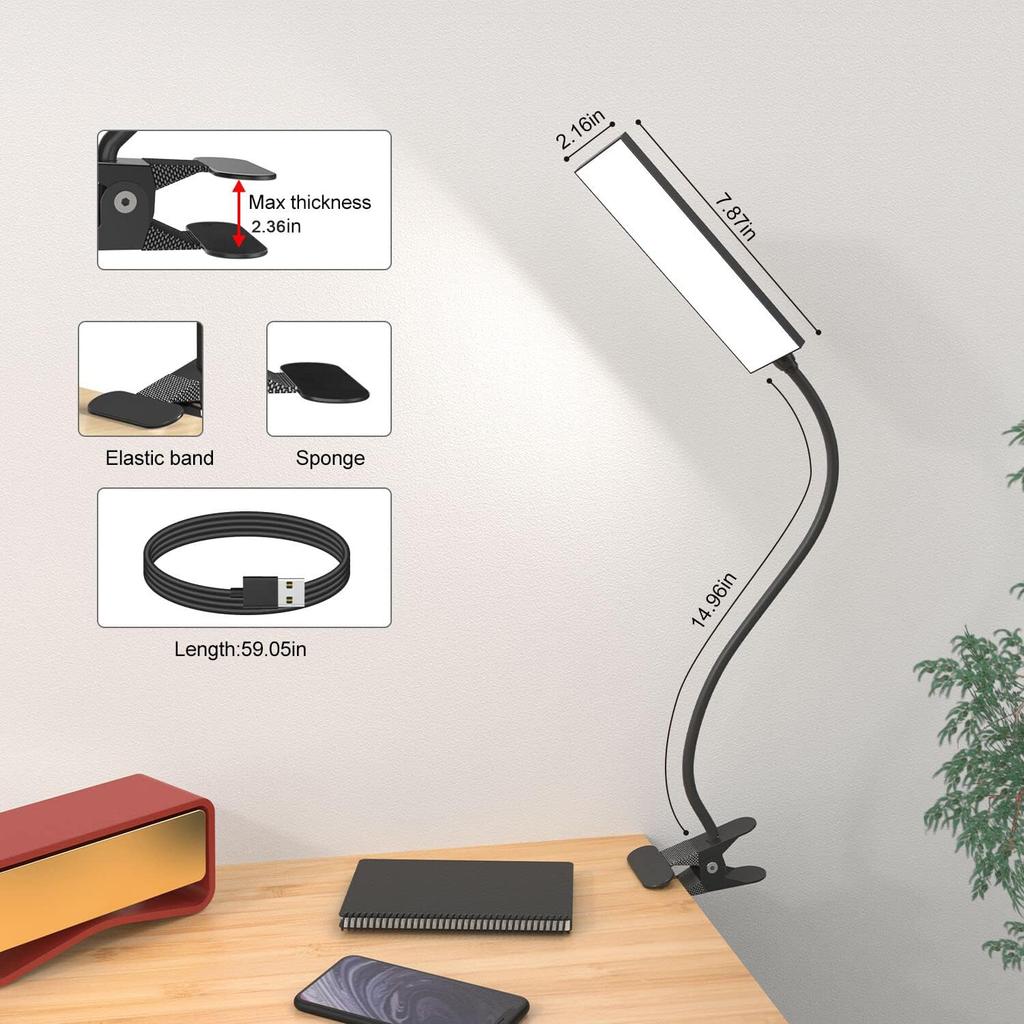Vansuny Clip On Light LED Desk Lamp with Eye-Caring LED Light and Metal Clip, 11 Level Brightness 3 Color Modes, Power by USB Port 5W Flexible