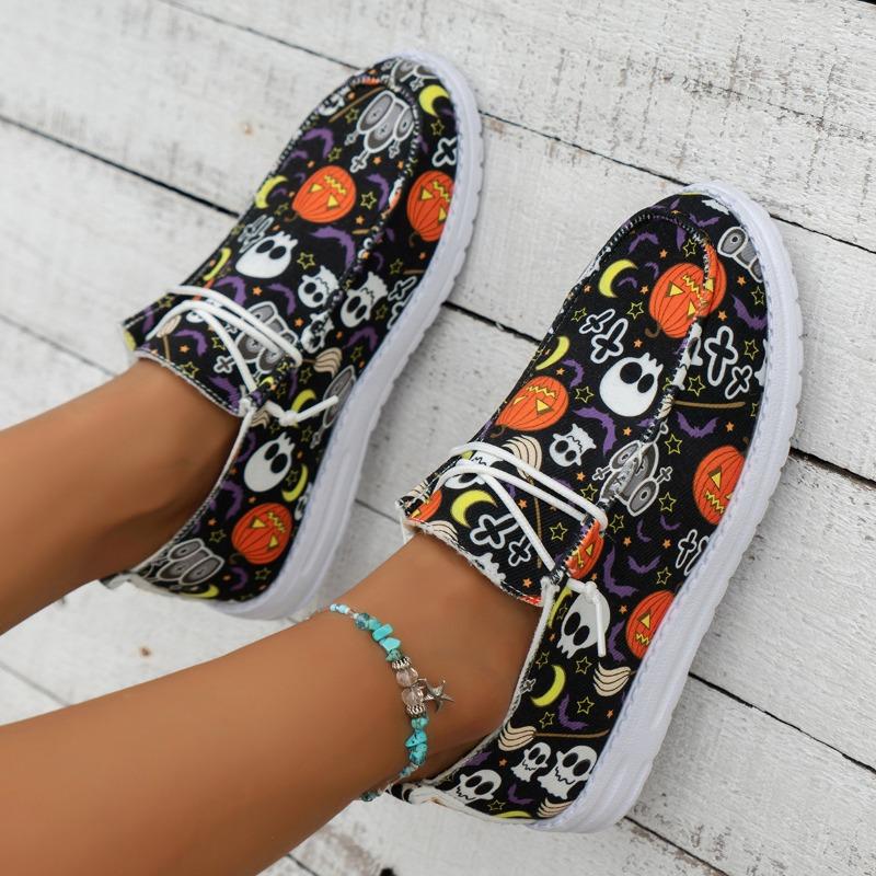 Fashion 2024 New Shoes Women's Pumpkin Shoes Lace Up Low-Top Slip On Flat Comfy Lightweight Outdoor Halloween Shoes