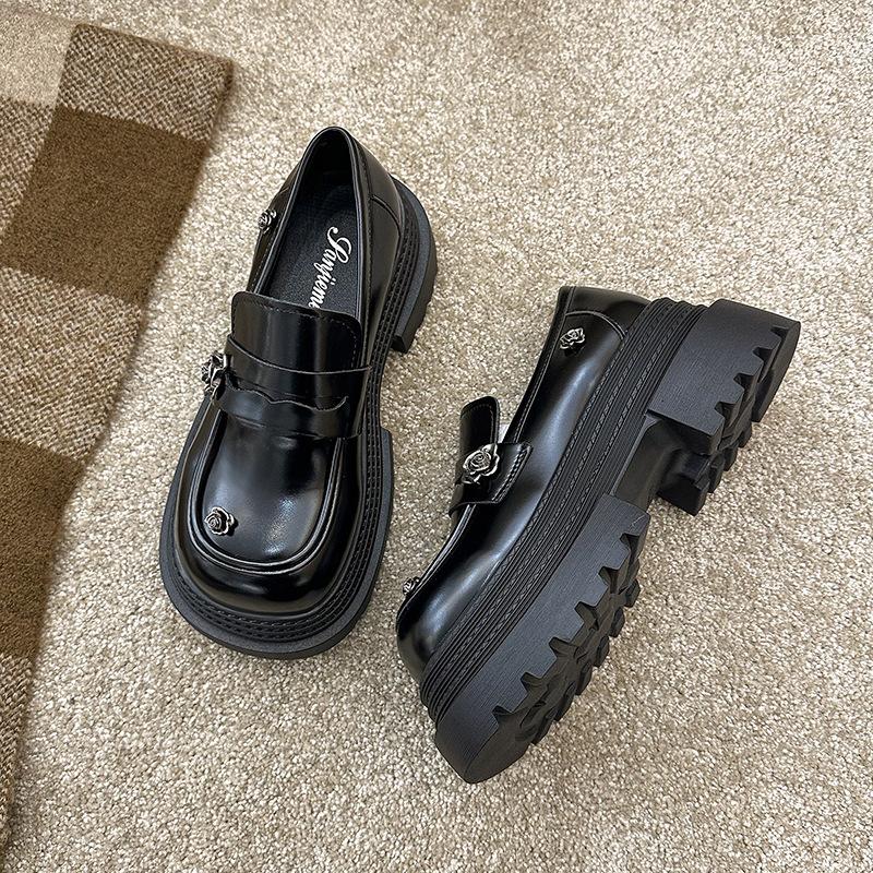 

Retro British style heightened platform loafer small leather shoes women s 2025 spring new French thick heel Mary Jane single shoes 35 чёрный