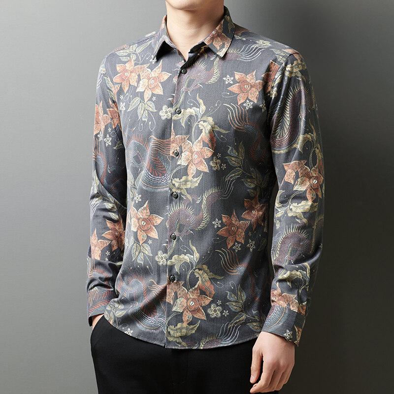 Spring Autumn Casual Shirts Men Fashion Turn-Down Collar Long Sleeve Printing Blouse Men's Casual Slim All-Match Button Trend Shirt