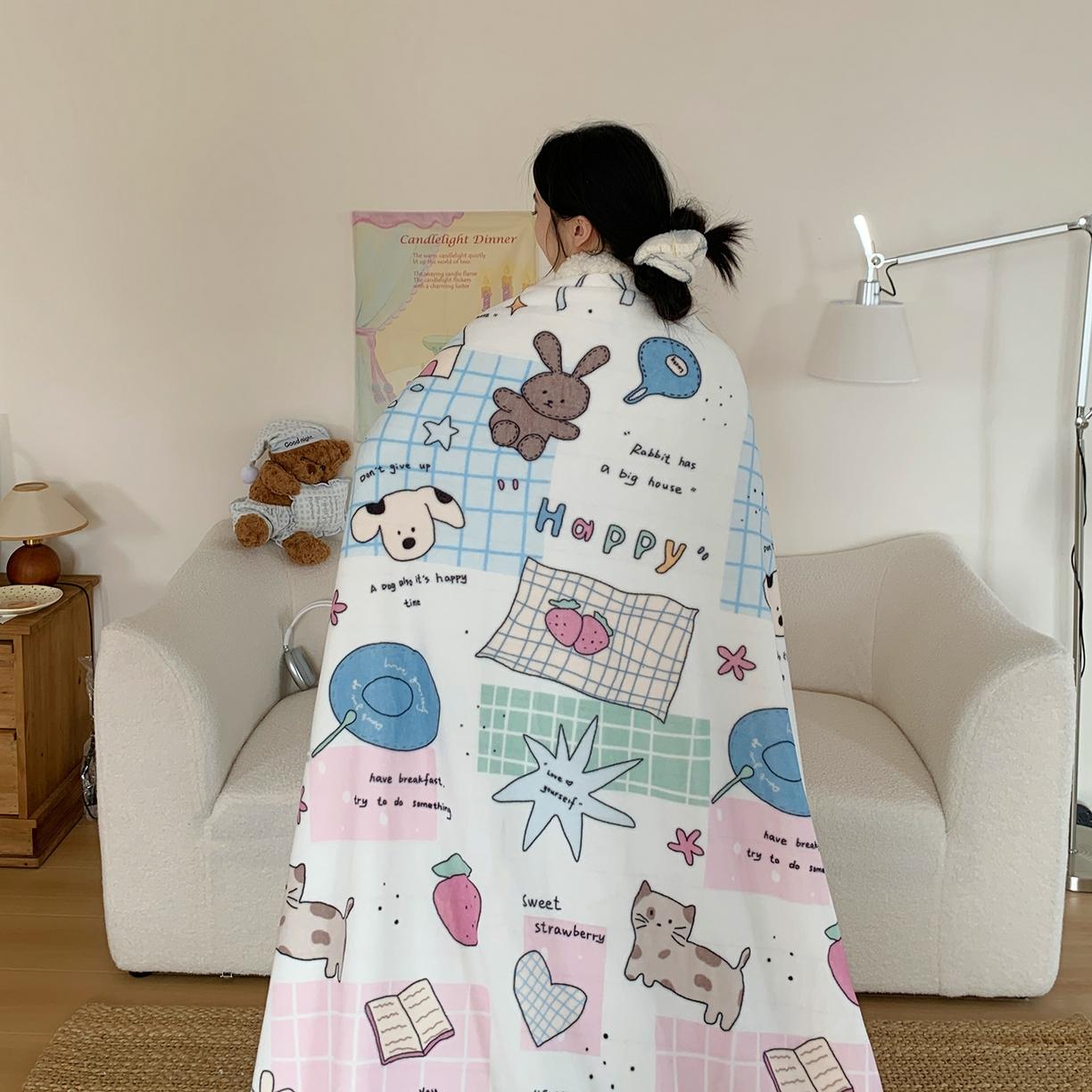 

New printed milk wool lamb wool blanket double-sided cute cartoon office lunch break blanket student dormitory blanket 100x150cm 1pcs