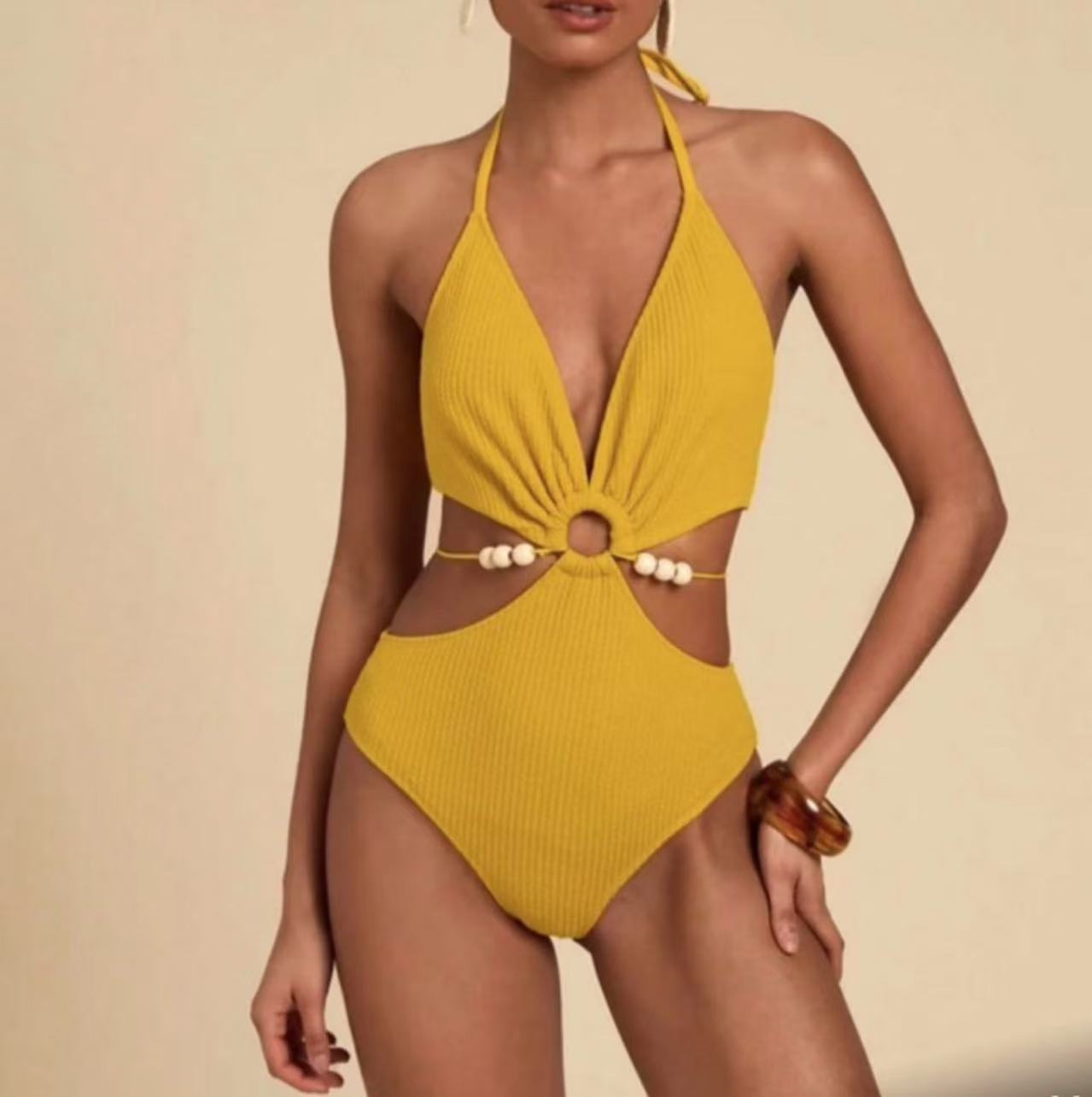 Cross-border 2025 European and American women s fashionable and sexy one-piece swimsuit V-neck neck hot spring swimsuit swimsuit S жёлтый