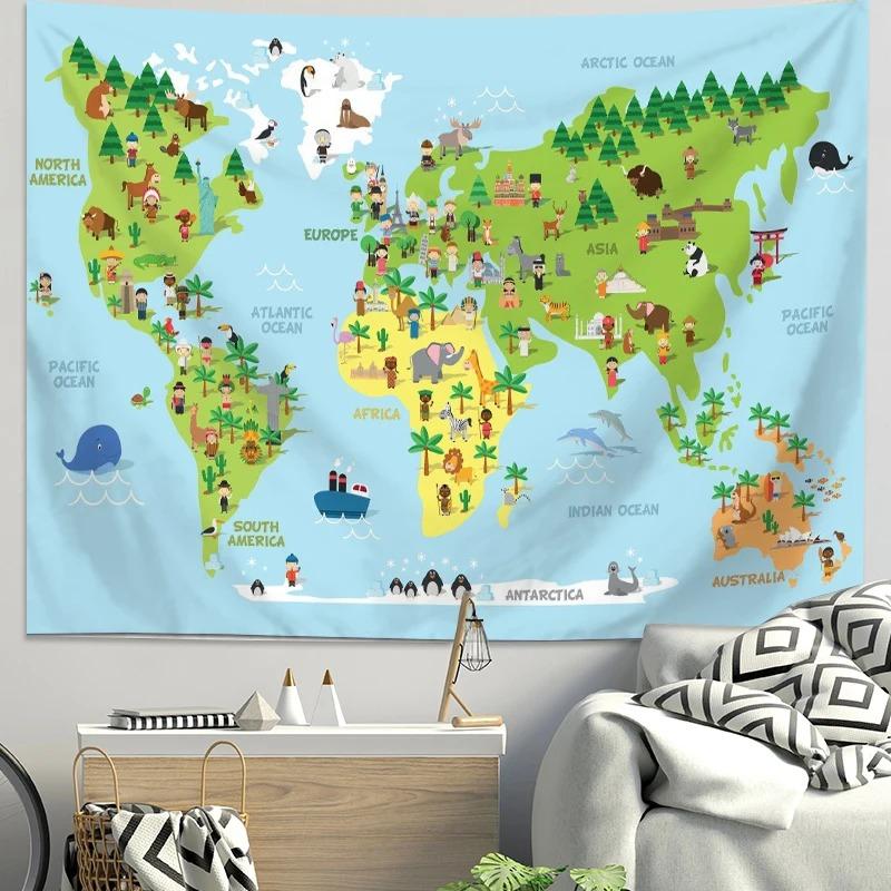 Arazzo Mappa del Mondo Animali Cartoni Animati Poliestere da Appendere alla Parete Tessuto di Sfondo Educativo per Stanza Bambini Asilo Nido Camera da Letto Decorazione