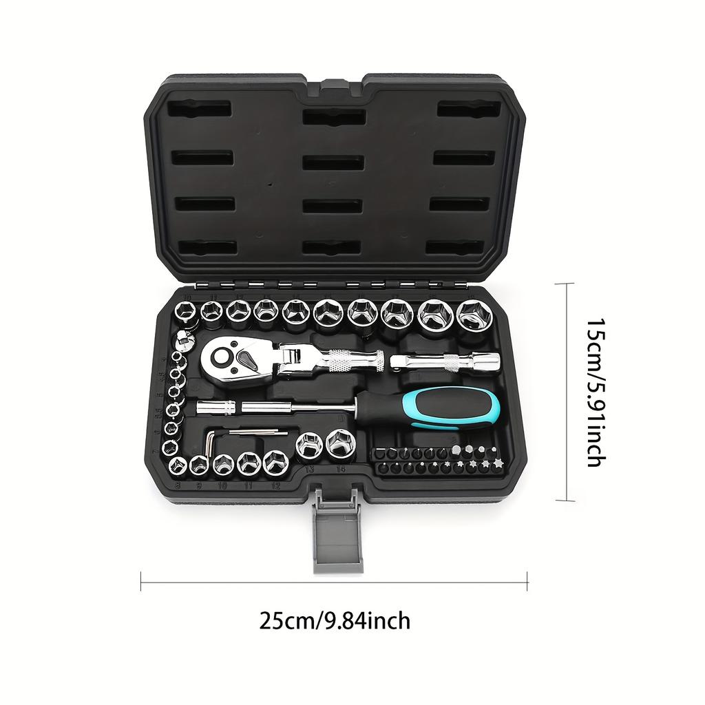Complete Automotive Tool Set – 1/4 Inch Drive Socket Wrench Kit with Hex Key & Screwdriver Bits for Car Repair Maintenance