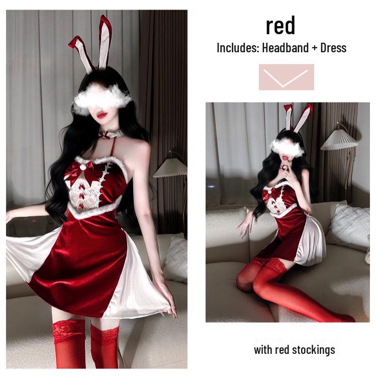 Christmas Bunny Girl Lingerie Costume: Backless Role Play Nightwear Dress