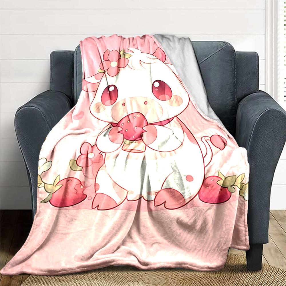 1pc Cow Strawberry blanket Lightweight Flannel Throw for Sofa Bed Travel Camping Livingroom Office Couch Chair