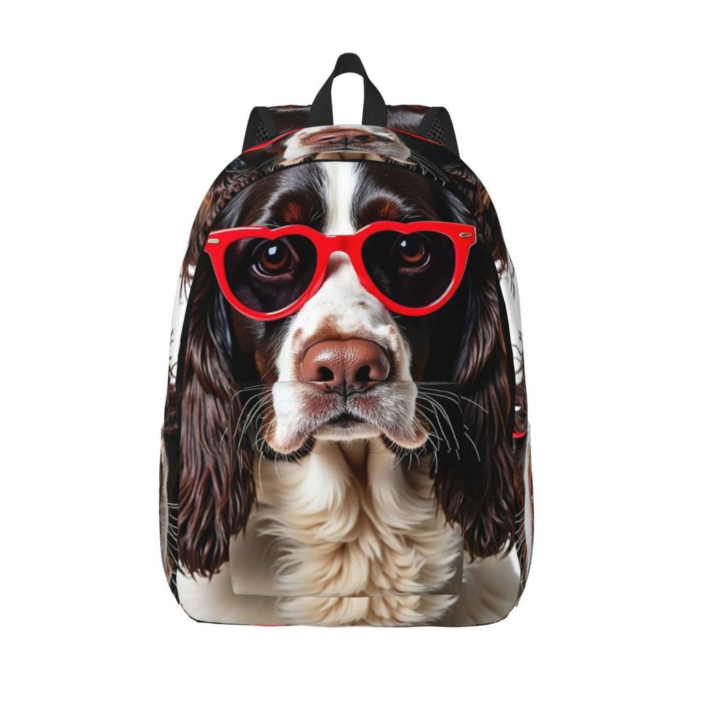 English Springer Spaniel Hund mit herzförmiger Sonnenbrille Rucksack Tagesrucksack Schultasche Umhängetaschen für Männer Frauen
