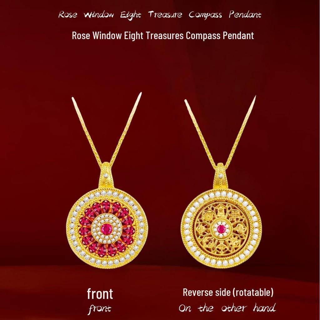 Gold-Plated Rotatable Diamond Rose Compass Pendant Necklace