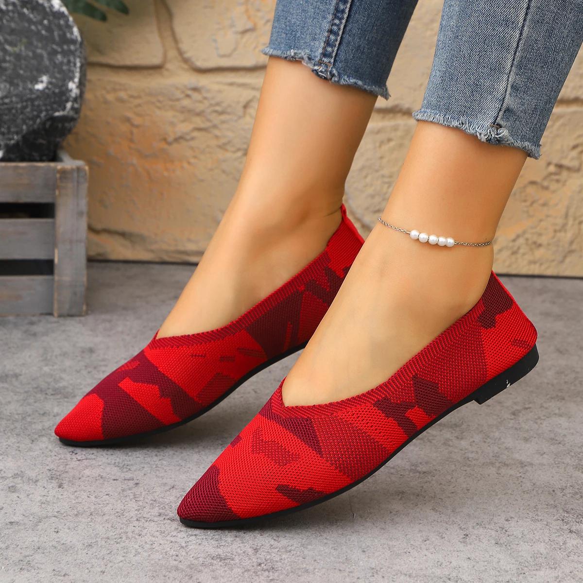 

Fashion Women Flats Fashion Leisure Sneakers Women Spring Autumn Flat Shoes Pointed Knitting Elastic Loafers Comfortable Boutique Shoes 36 червоний