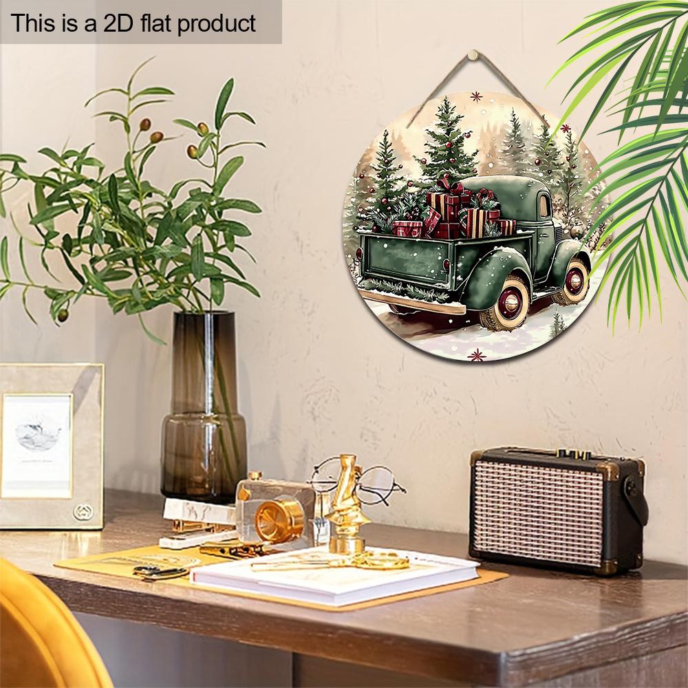 Christmas Wooden Sign with Vintage Pickup Truck Pattern, Warm Winter Round Sign for Front Door Wall Hanging Decor, Ideal Christmas Decoration