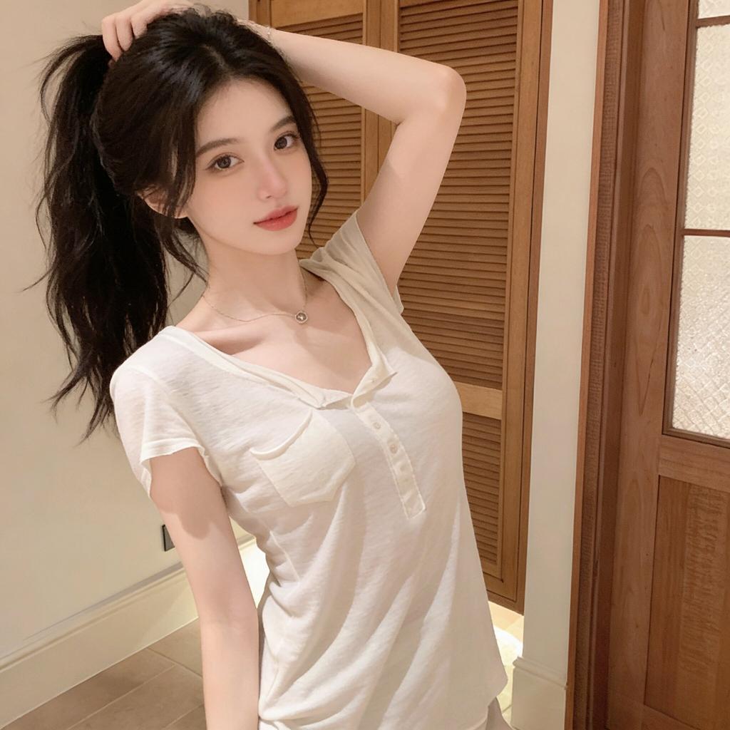 Korean Casual Style White U-neck Pocket Short-sleeved T-shirt Women's Summer New Minimalist Style Thin Slim Top