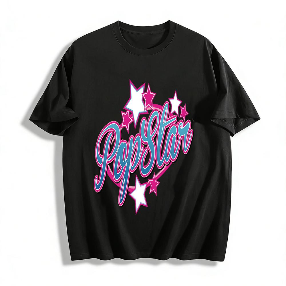 

Pop Star Graphic Print Casual T-Shirt Trendy Star Pattern Short Sleeve Tee for Women and Teens Pure cotton T-shirt 6XL
