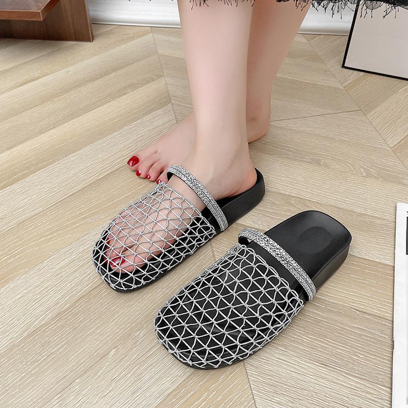 Summer New Fisherman Flat Bottom Round Head Baotou Half Slippers European and American Niche Fishing Net Woven Hollow Roman Cool Slippers